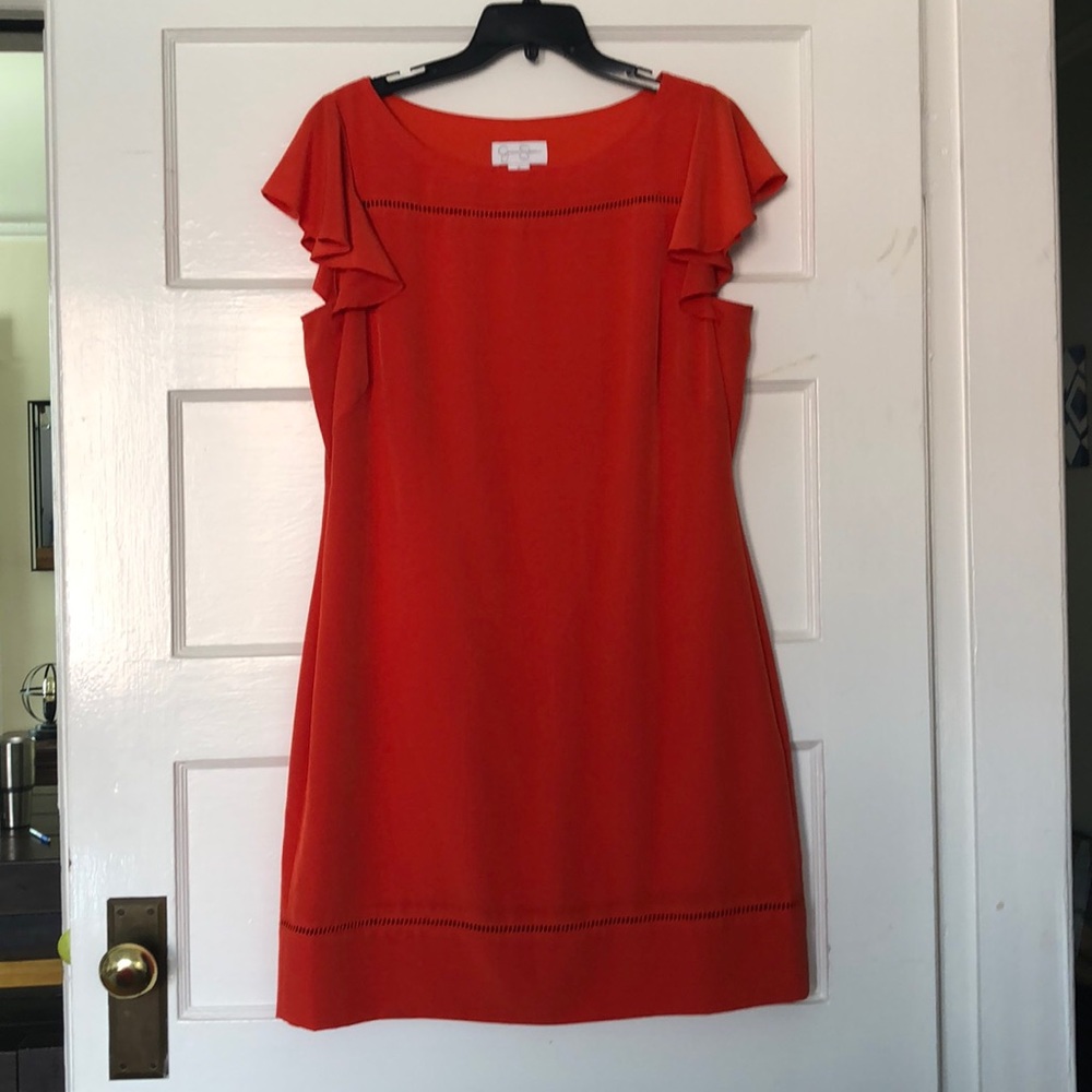 Red, ruffle sleeve dress